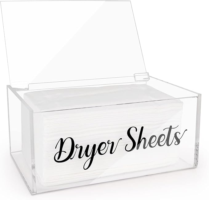Acrylic Dryer Sheet Dispenser with Hinged Lid, Clear Rustic Farmhouse Style Dryer Sheet Container Storage Box for Laundry Room Organization, Laundry Softener Dispenser, Home Laundry Room Decorations