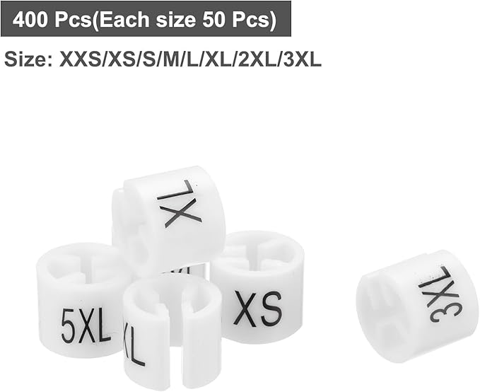 MECCANIXITY Clothes Hanger Marker XXS/XS/S/M/L/XL/2XL/3XL Size Tag Fit 3mm Rod White for Garment Clothing Color Coding, 400Pcs