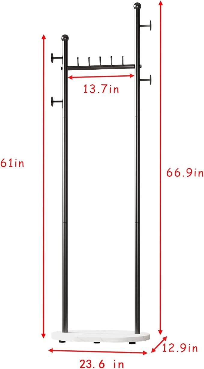 Black Clothing Rack With Shelves, Modern Coat Rack Freestanding with Marble Base, Hat Tree Coat Rack Standing Clothes Racks for Boutique，Bedroom