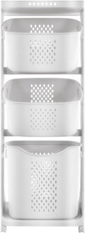 Rolling Laundry Cart, 3-Tier Laundry Hamper with Wheels, White 3 Storage Baskets Breathable Dirty Clothes Basket for Bathroom, Bedroom, Laundry Room