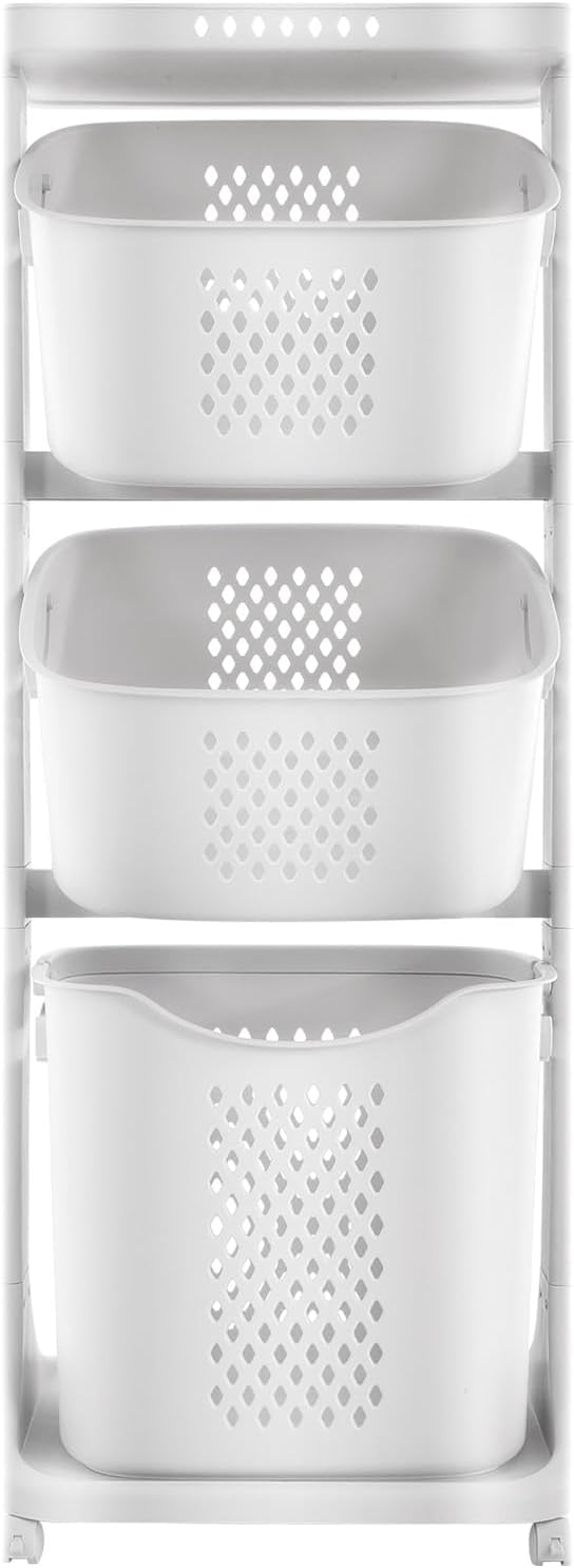 Rolling Laundry Cart, 3-Tier Laundry Hamper with Wheels, White 3 Storage Baskets Breathable Dirty Clothes Basket for Bathroom, Bedroom, Laundry Room