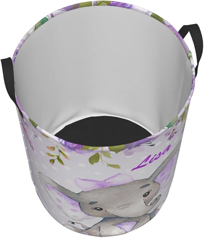 Purple Flower Pretty Elephant Personalized Laundry Hamper Custom with Name Collapsible Waterproof Storage Basket with Handles for Bedroom Clothes Toys.