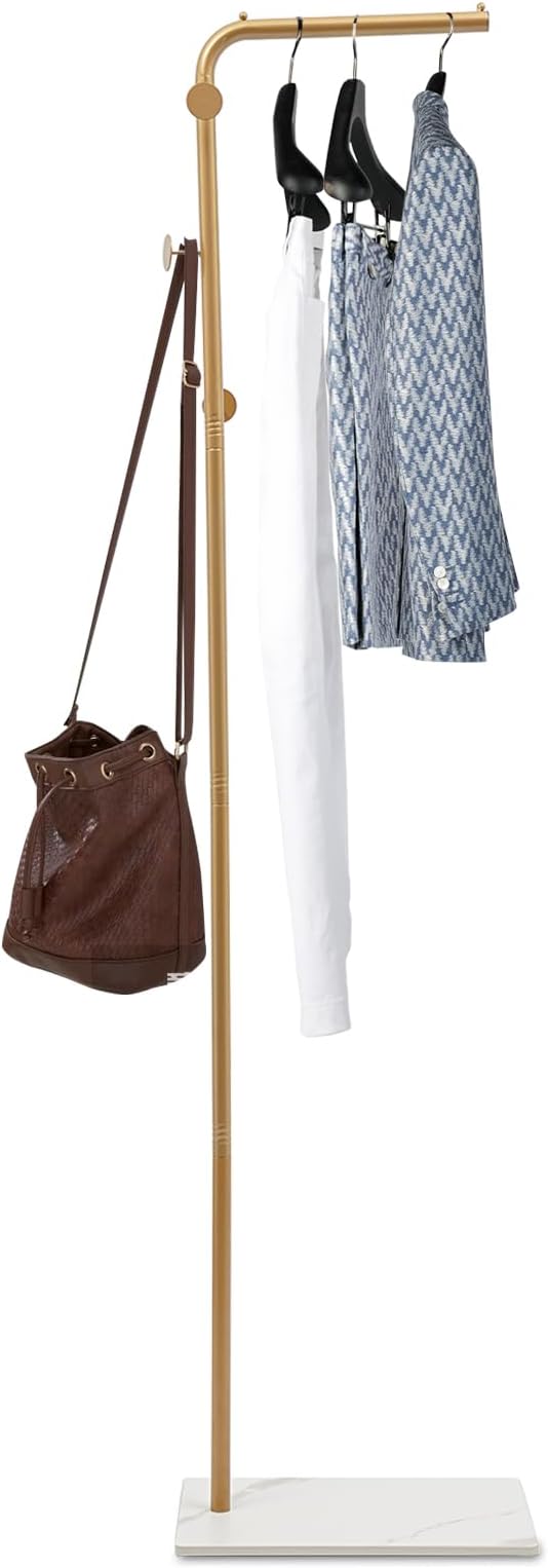 67in-Gold Clothing Rack with Storage Base and Hooks, Freestanding Coat Rack Hanging Clothes, Bags, Hat and Shoes for Entryway Bedroom Garment Organizer Clothing Stores Boutique Retail