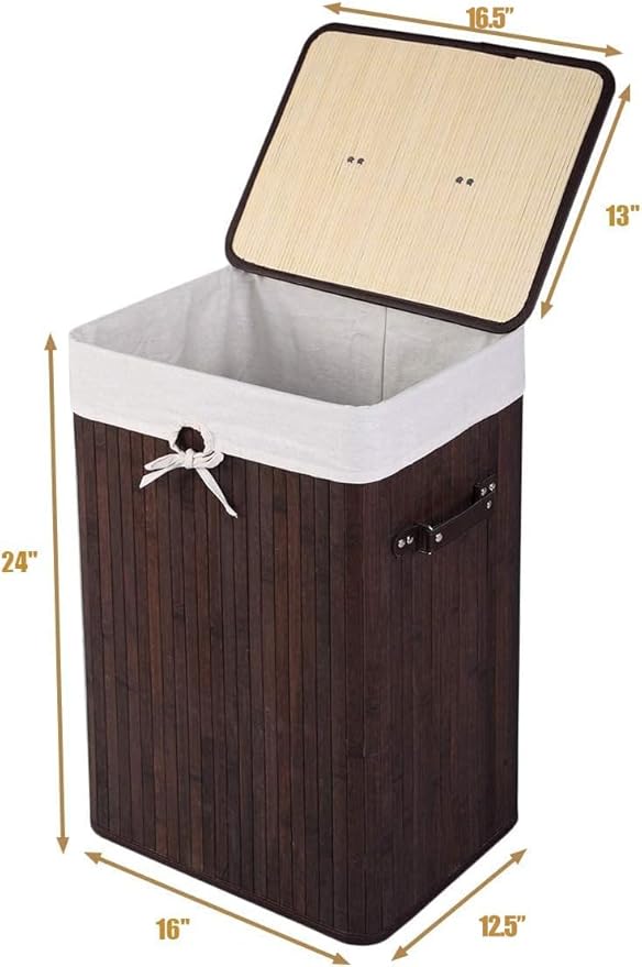 Giantex Bamboo Laundry Hamper with Lid, 72L Large & Tall Clothes Hamper with Removable Liner & Handles, Rectangular Laundry Basket for Small Spaces, Laundry Room, Bedroom (Brown)