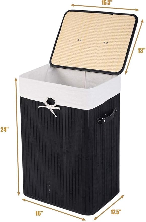 Giantex Bamboo Laundry Hamper with Lid, 72L Large & Tall Clothes Hamper with Removable Liner & Handles, Rectangular Laundry Basket for Small Spaces, Laundry Room, Bedroom (Black)