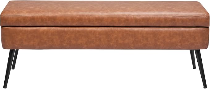 VEVOR Leather Storage Ottoman Bench, PU Leather Bench with Storage and Metal Legs, Upholstered Shoe Benches Seat for Entryway, Modern End of Bed Benches for Living Room, Dining Room, Hallway, Brown