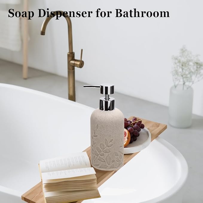 1pcs Hand Soap Dispenser Set, Sandstone Textured Resin Liquid Soap Dispenser for Bathroom Countertop, Heavy & Sturdy Dish Wash Soap Dispenser for Kitchen, Matte Beige