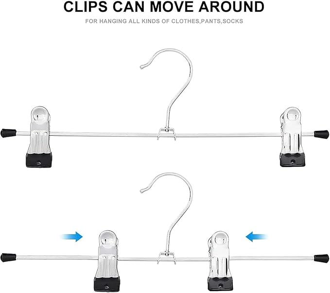 Metal Pants Shorts Hangers, Heavy Duty Kids Skirt Hangers with 2 Adjustable Non Slip Clips, Ultra Thin Space Saving 360 Degree Swivel Hook Stainless Steel Hanger 12 Pack