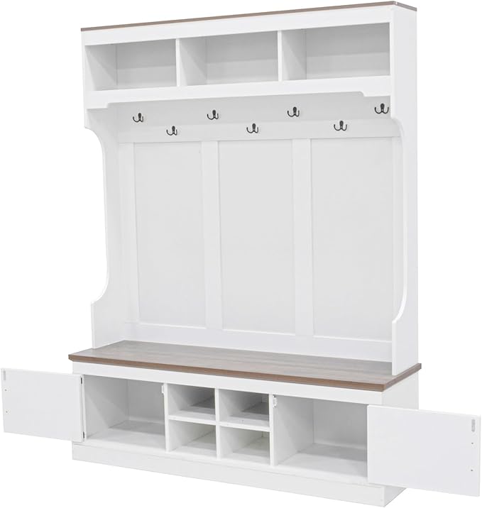 Versatile Hall Tree with 7 Hooks and Shoe Storage, 71''H Farmhouse Wood Coat Rack Entryway Storage Organizer Cabinet with 4 Shoe Cubbies, 54.30'' Wide Hall Tree for Entrance Hallway