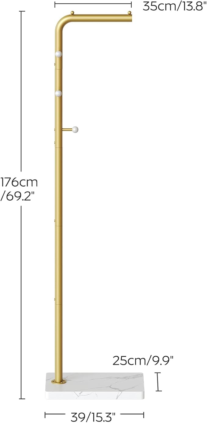 L Shaped Glod Coat Rack, Metal Coat Tree, Modern Clothes Rack with 3 Hooks and Thickened Base, Floor Standing Coat Hanger Stand, for Entryway, Living Room, Cloakroom, Gold and White YM01DWY1