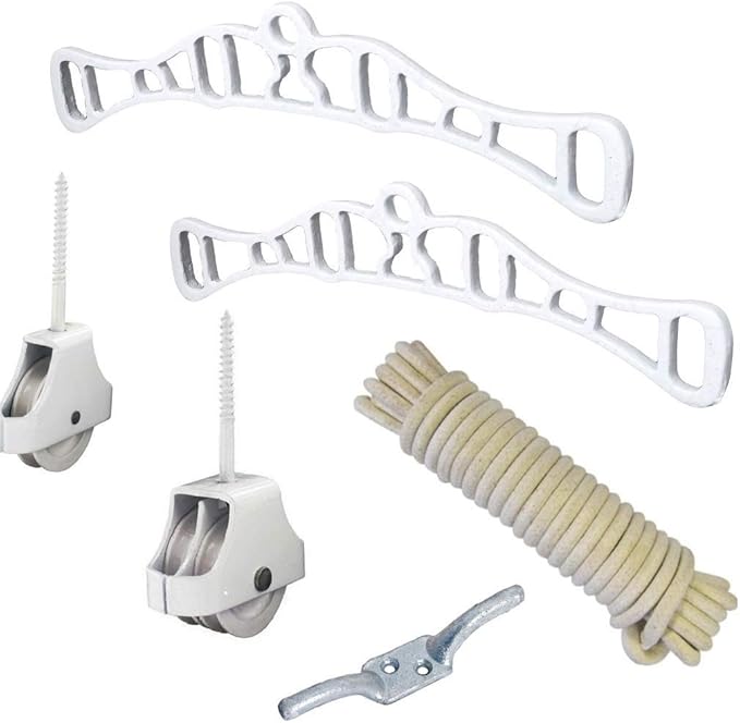 Merriway BH07426 Clothes Laundry Airer Ceiling Dryer Set up Kit Pack, Rack Ends, Single Double Wheel Pulleys, Sash Rope Cleat Hook, White