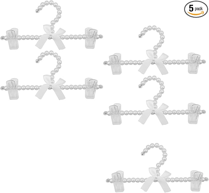 HEVSTIL 5PCS Pearl Hanger Pearl Plastic Bow Clothes Rack with Clip Artificial Pearl Hangers Tie Holder Wedding Clothes Rack Skirts Hanger for Trousers Jeans Skirts,White