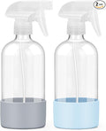 2 Pack Glass Spray Bottles with Silicone Sleeve, 16 oz Empty Refillable Containers with Adjustable Spray Nozzles, Spray Bottles for Hair, Cleaning Solutions and Plants Blue&Grey