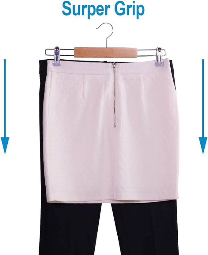 ELONG HOME Wooden Pants Hangers 12Packs, Skirt Hangers with Adjustable Clips, Non Slip Wood Clothes Hangers with Clips, Space Saving Hangers for Pants Skirts Trousers Slacks Jeans