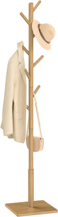 Yawinhe Coat Rack, Sturdy Wooden Coat Tree with 8 Hooks, 3 Adjustable Height for Bedroom, Hallway, Entrance, Office, 11.8 x 70.8 inches, Natural, 1-Pack, Square Base