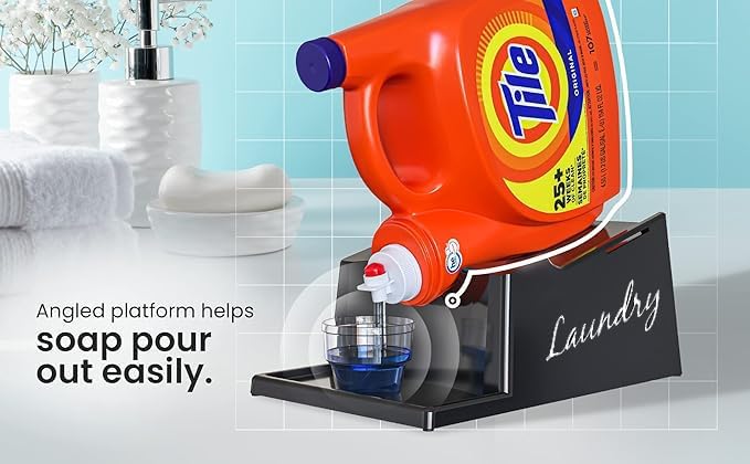 TidyFriend Liquid Laundry Detergent Holder Stand with Drip Tray & Rubber-Grip Feet, Stand for Laundry Room Organization and Storage, Fabric Softener Dispenser with Cup Holder (Black with Print)