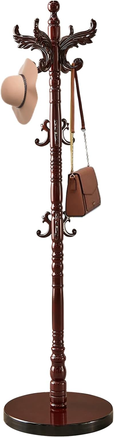 Wooden Coat Rack Stand, Natural Birch Wood Coat Rack Freestanding with Triangular Base, Sturdy Solid Wood Coat Racks with 14 Hooks, Vintage Coat Hall Clothes Tree for Entryway, Office, Corner