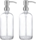 2 Pack Thick Clear Glass Pint Jar Soap Dispenser with Silver Stainless Steel Pump, 16ounce Clear Boston Round Bottles Dispenser with Rustproof Pump for Essential Oil, Lotion Soap