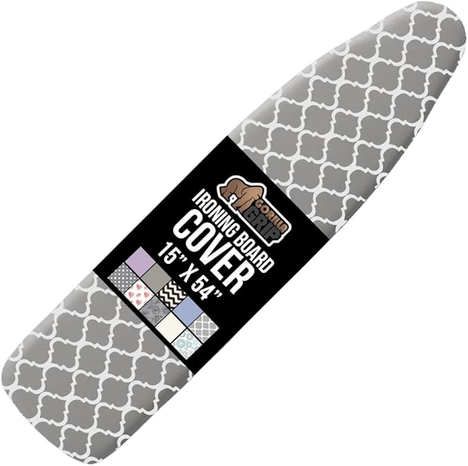 GORILLA GRIP The Original Ironing Board Cover and Pad, Silicone Coating, Thick Scorch Resistant Padding, Heavy Duty Iron Covers Standard Boards, Hook and Loop Fastener Strap, Quatrefoil Gray, 15x54