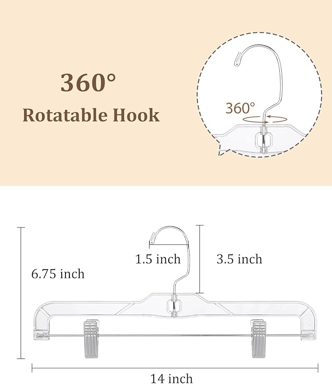 AMKUFO Pants-Hangers-with-Clips-15-Pack, 14 Inch Clear-Plastic-Skirts-Hangers-with-Adjustable-Clips for Shorts Jeans Trousers, Clothes-Hangers Non-Slip Clip-Hangers