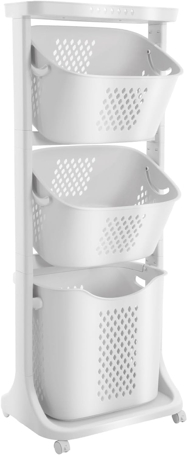 Rolling Laundry Basket, 3 Tier Clothes Storage Hamper Organizer Sorter Shelf Rolling Cart, Portable Storage Baskets With 4 Wheels for Kitchens, Bathrooms, Bedrooms, Dormitories
