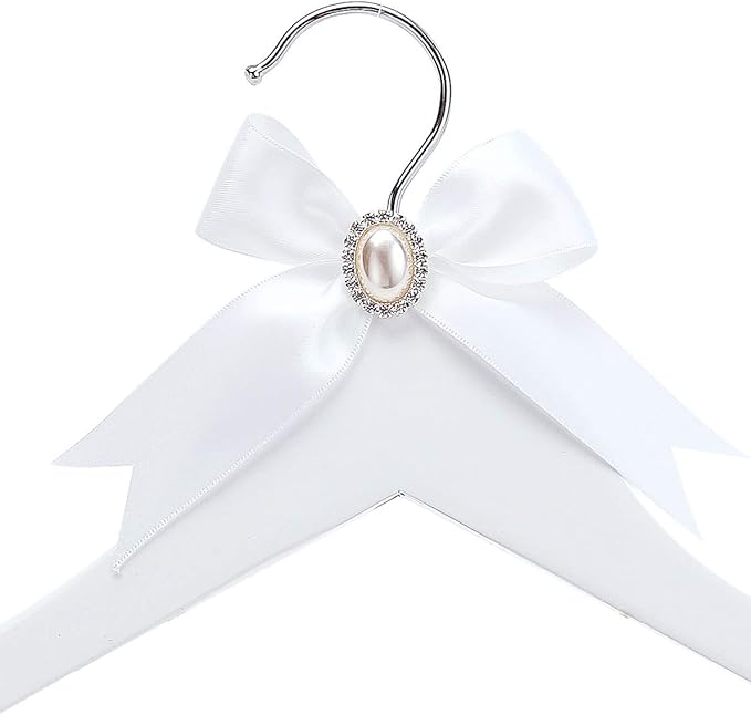 White Solid Wood Bridal Dress Hanger with Lady Wire Lettering for Bridal Wedding Party Gift (Pearl Silver Thread and White Hanger)