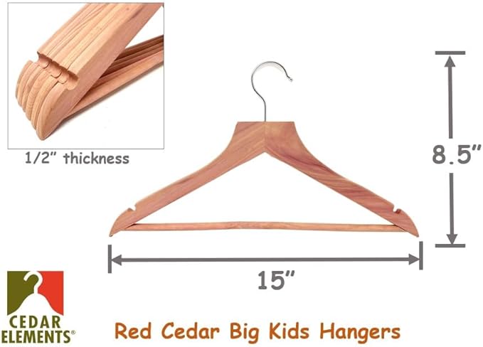 Cedar Elements Big Kids Cedar Hangers – French Flat Top Style 12 Pack for Kids Size 4T-10 (with Pant bar)
