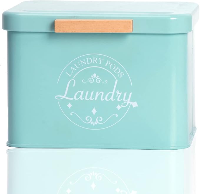 Laundry Pods Holder with Hinged Lid, Farmhouse Space-Saving Metal Container for Laundry Room Decor Organization and Storage, Detergent Dispenser for Efficient Laundry Room Use (Green)