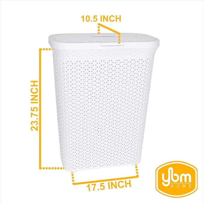 YBM Home Plastic Rattan Laundry Hamper Basket with Hinged Lid, Ventilation Holes, Durable, Lightweight Bin With Cutout Handles, Storage Dirty Clothes, Space Saver, 10.5" x 17.5" x 23.75", White,6-Pack