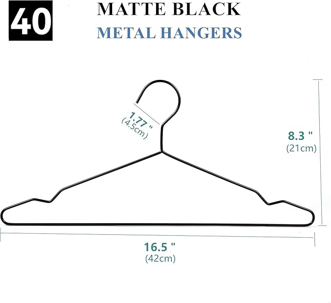16.5" Heavy Duty Matte Black Metal Hangers 40 Pack, Wire Black Clothes Hangers for Coat Suit, Shirts, Dress, Pants，Camisole Wedding Dress (Black, 40Pack)