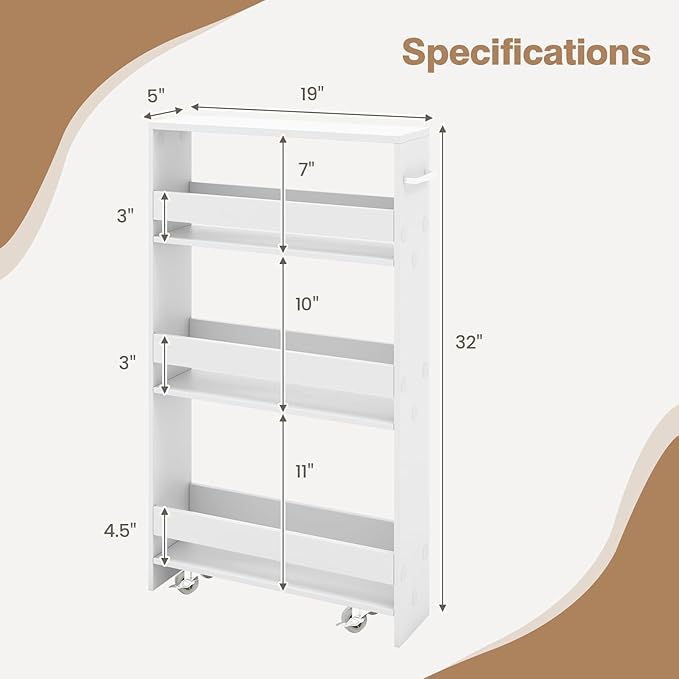 Slim Storage Rolling Cart, 4-Tier Side Out Shelving Unit with Handle, Mobile Organizer Utility Cart on Wheels for Laundry, Bathroom, Office, Kitchen, Narrow Places (White)