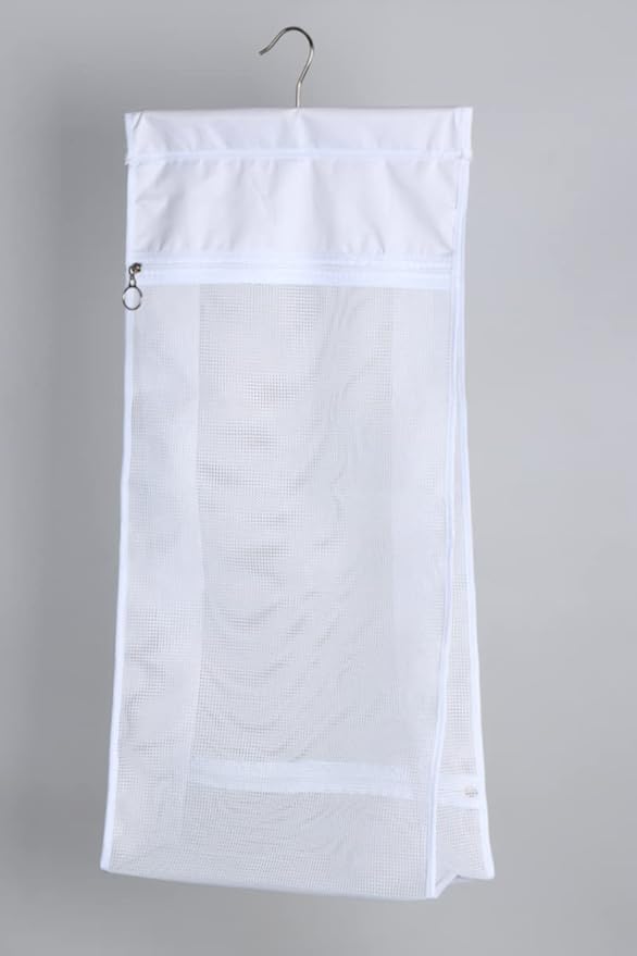 Jelier Hanging Mesh Laundry Basket,Collapsible Fabric Laundry Hamper with Rotatable Hanger,Portable Storage Bag for Apartment,RV,Camper,Cabin,College Dorm Use (white)