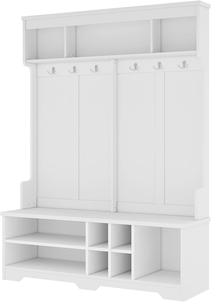 60 inch Hall Tree with Bench and Shoe Storage, Shelf, Wood Hall Tree with 6 Hooks/Mudroom Bench with Storage and Hooks, Hall Trees for Entryway, Hallway, Living Room