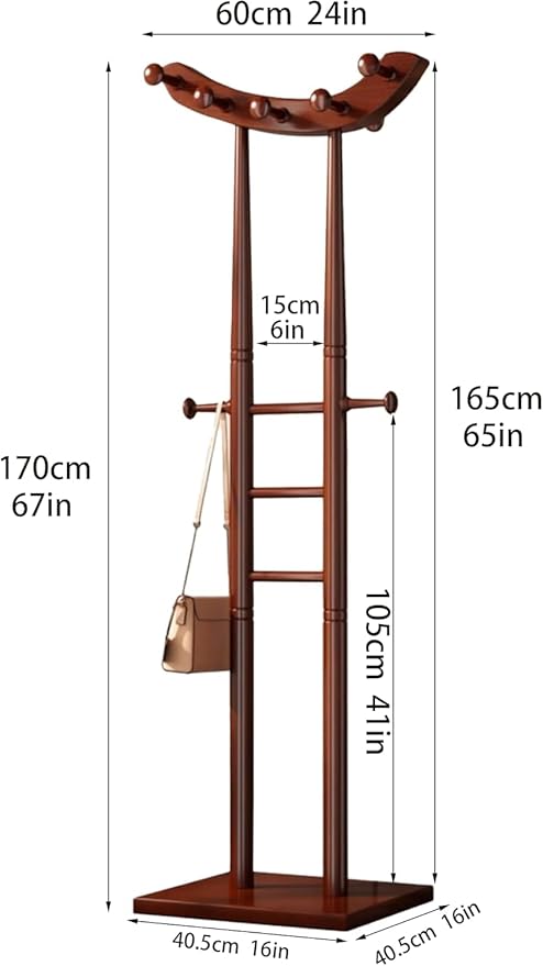Classic Entryway Coat Rack, 67" Freestanding Wooden Hall Tree Garment Organizer with 12 Hooks, Elegant Ladder Style Hat Stand, Non Toppling Square Base, for Entryway, Bedroom, Office, Brown