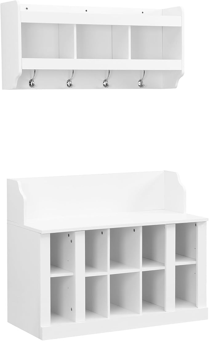 Multi-Functional Hall Tree with Wall Mounted Coat Rack, Shoe Storage Bench with Shelves and 4 Hooks, Entryway Organizer for Hallway, Foyer, Mudroom, Living Room (White-52s)
