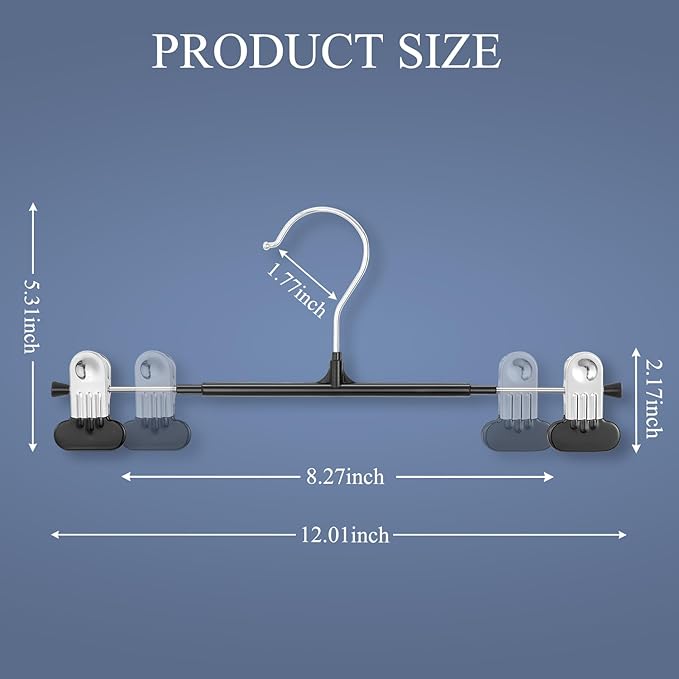 Clothes Pants Hangers with Wide Clips 50 Pack,Non-Slip Adjustable Skirt Hanger for Women,Space-Saving Heavy Duty Men Hangers for Pants,Trousers,Jeans,Shorts 12Inch Black