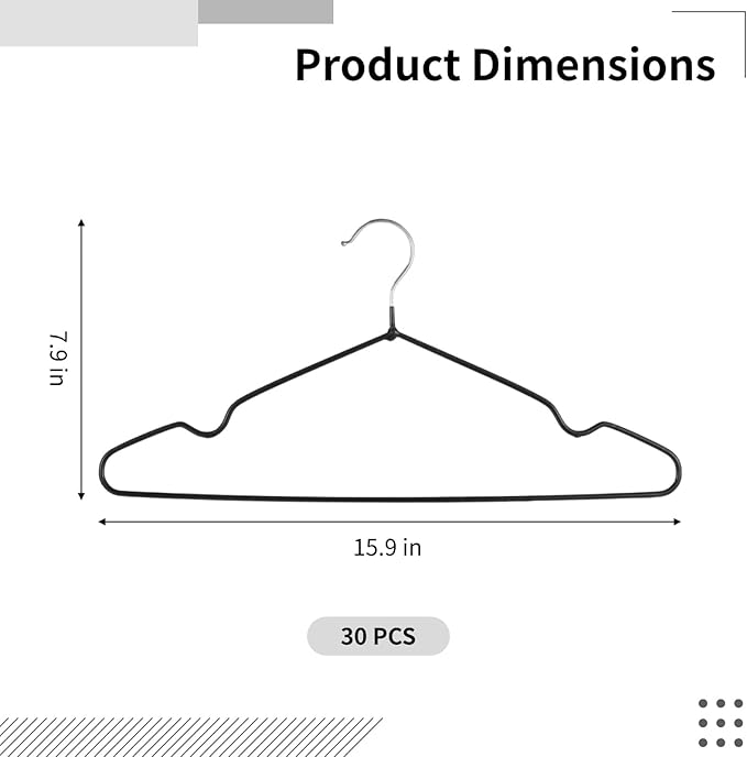 30 PCS Metal Hangers with Rubber Coating, Heavy Duty Non-Slip Clothes Hanger, Suit Hangers with Round Notches, Black Coat Hanger for Strap Dresses Jackets Shirts Pants