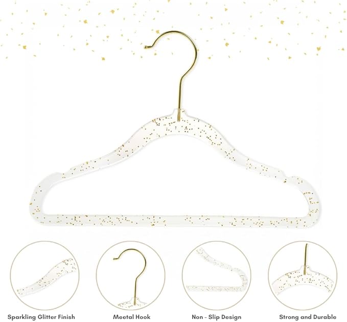 Concepts 20 Pack Premium Heavy Duty Gold Glitter Acrylic Kids Hangers, Elegant for Baby Nursery Space-Saving Non-Slip Clothes Hangers with Gold Hook