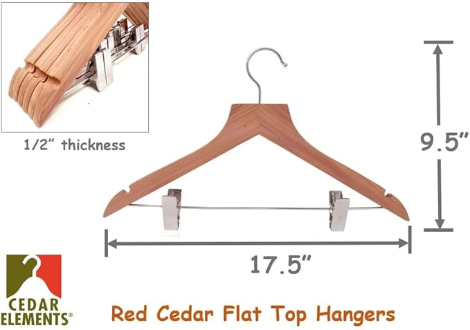 Cedar Elements Flat Top Cedar Hangers – French Style 12 Pack for Adult Size (with Metal Clips for Pant Skirt Hanging)
