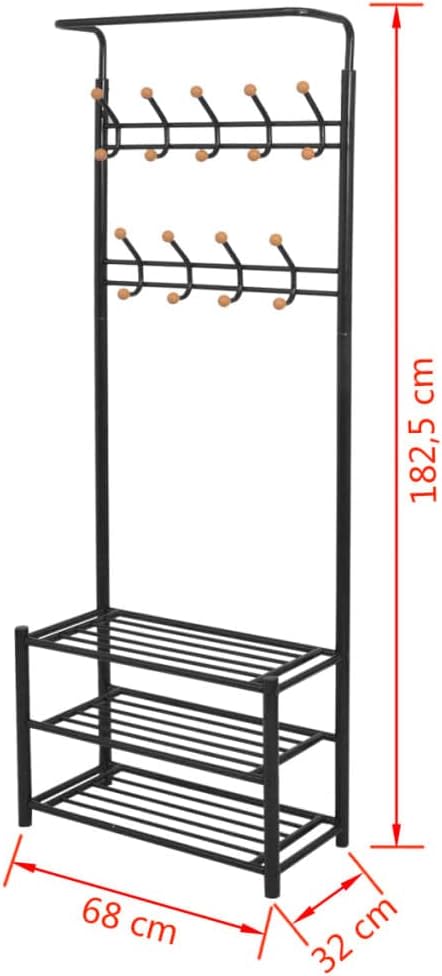 vidaXL Freestanding Clothes Rack with Shoe Storage, Black Steel Stand with Plastic Detailing, Practical Coat Hanger with Shelving for Footwear and Accessories