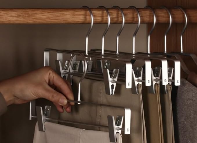 Premium Matte Silvery Aluminum Pants Clip Hanger 10 Pack, 12” Extra Smooth & Durable Metal Shirt Dress Aluminum Alloy Hanger,Clothing Support,Clothing Hang