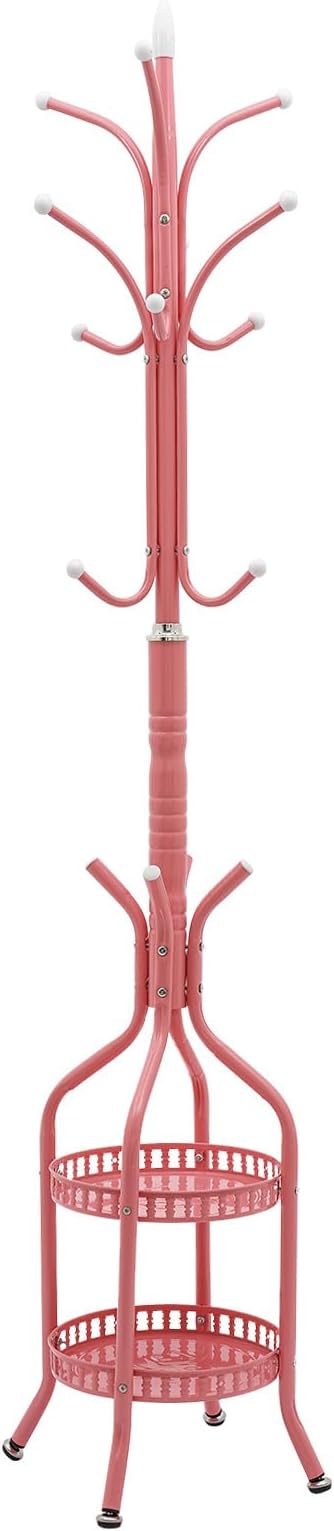 Multifunctional Metal Coat Rack Stand, Freestanding Coat Rack Hat Hall Tree with 2 Layer Basket and Practical Feet, Clothing Rack for Hallways, Living Rooms (Pink)