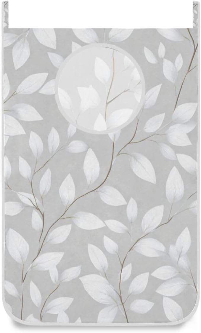 Grey Simple Leaves Hanging Laundry Hamper Door Hampers Bag Basket with Stainless Steel Hooks Oxford Fabric Printing Decorative Clothes Bags 29.5X20inch 1Pack