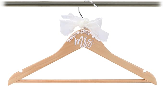 Wooden Mrs. Bride Hanger for Wedding Dress, Elegant Bridal Hanger with Ribbon Bow Tie & Pearls for Gift Shower Party Suit Gowns Keepsake 38 cm (Beige)