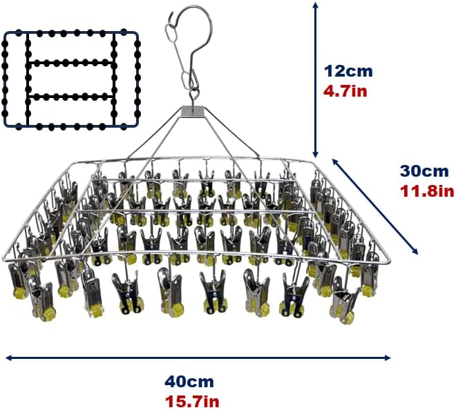 Quick Release Stainless Steel Laundry Drying Rack with Clips, Swivel Hook Wind-Proof Clothes Hanger Rack for Sock, Bras, Underwear, Laundry (Rectangle 60 Clips)