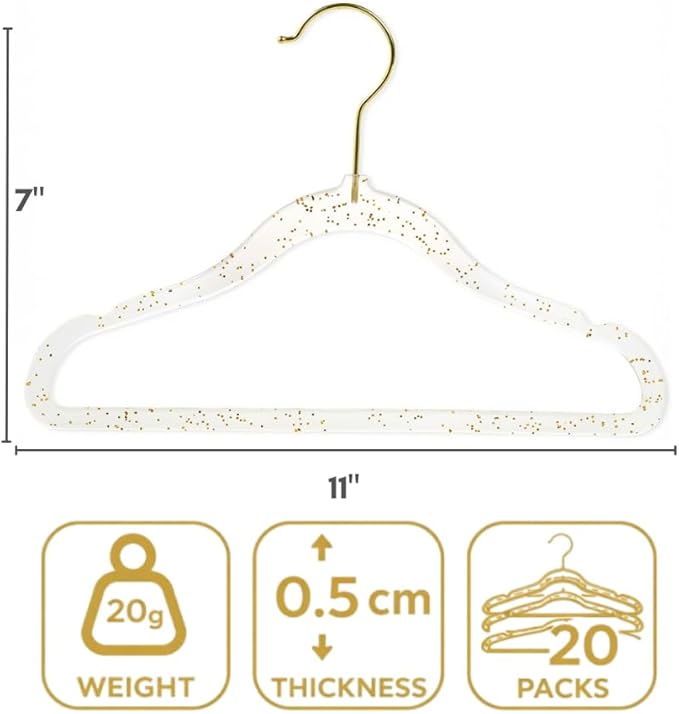 Concepts 20 Pack Premium Heavy Duty Gold Glitter Acrylic Kids Hangers, Elegant for Baby Nursery Space-Saving Non-Slip Clothes Hangers with Gold Hook