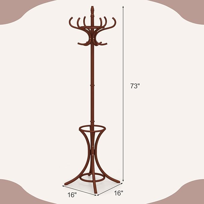 GOFLAME 73" Coat Rack Freestanding, Wooden Coat Tree with 12 Hooks and Umbrella Stand, Entryway Hall Tree, Hat Hanger Organizer, Coat Rack Stand for Coats, Hats, Scarves, Easy Assembly, Reddish Brown