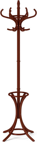 GOFLAME 73" Coat Rack Freestanding, Wooden Coat Tree with 12 Hooks and Umbrella Stand, Entryway Hall Tree, Hat Hanger Organizer, Coat Rack Stand for Coats, Hats, Scarves, Easy Assembly, Reddish Brown