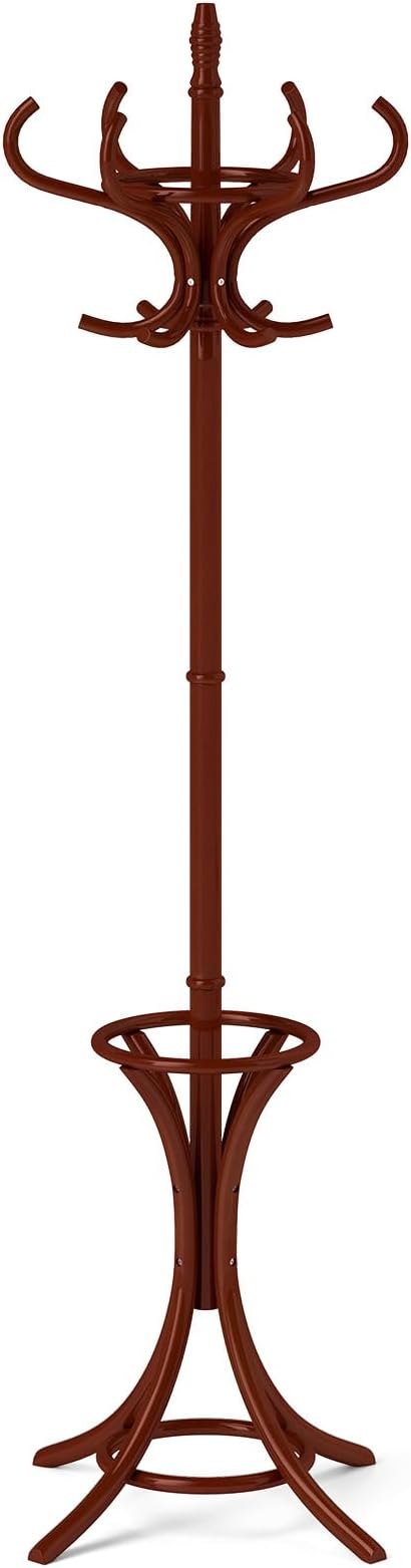 GOFLAME 73" Coat Rack Freestanding, Wooden Coat Tree with 12 Hooks and Umbrella Stand, Entryway Hall Tree, Hat Hanger Organizer, Coat Rack Stand for Coats, Hats, Scarves, Easy Assembly, Reddish Brown