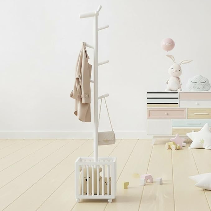 AQIMUELE Kids Coat Rack,Solid Wood Coat Rack with 6 Hook for Bedrooms,Kids clothing rack(White)